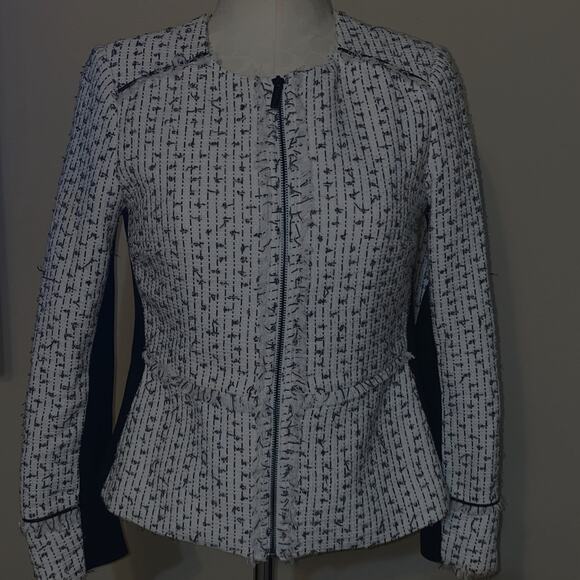 Karl Lagerfeld Paris White Fringe-Trimmed Tweed Zip Up Jacket Size Small - Picture 5 of 12